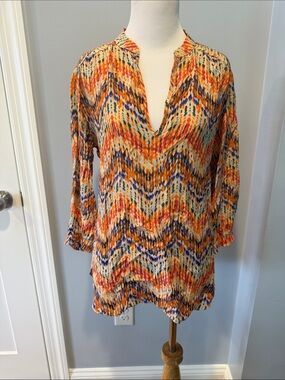 Amanda Uprichard Multicolor Chevron Print V-Neck Tunic - Orange, Blue, Cream